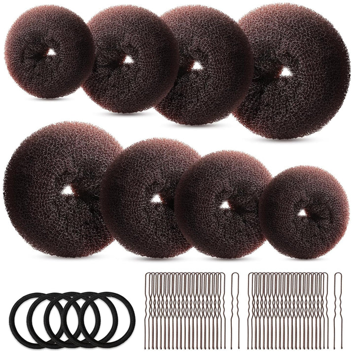 Hair Bun Maker Set, Donut Bun Maker Set with 4Pcs Dark Brown &4Pcs Beige(2 Extra-Large,2 Large,2 Medium and 2 Small), 5 Pieces Hair Elastic Bands, 40 Pieces Hair Bobby Pins (Brown and Gold)