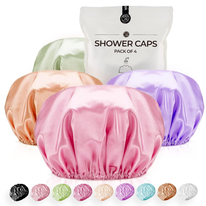 Extra Large Reusable Shower Cap for Men, Women (Black 4 Pack ) Satin Double Layer EVA Waterproof Long Hair Cap