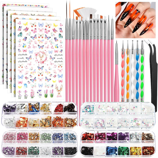 Nail Art Brushes Set, Nail Art Kit, Nail Design Kit, Nail Art Dotting Pens, Nail Stickers, Butterfly Nail Art Sequins, Nail Foils, Nail Art Flakes Iridescent, Rhinestones for Nails