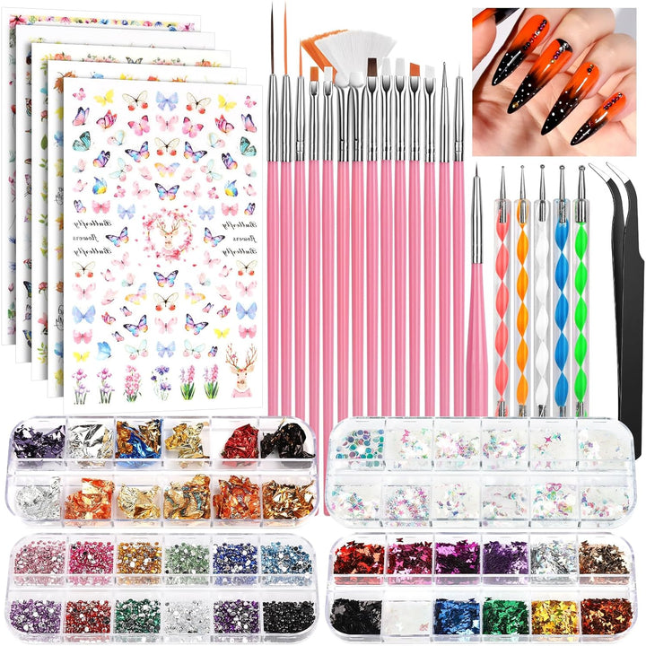 Nail Art Brushes Set, Nail Art Kit, Nail Design Kit, Nail Art Dotting Pens, Nail Stickers, Butterfly Nail Art Sequins, Nail Foils, Nail Art Flakes Iridescent, Rhinestones for Nails