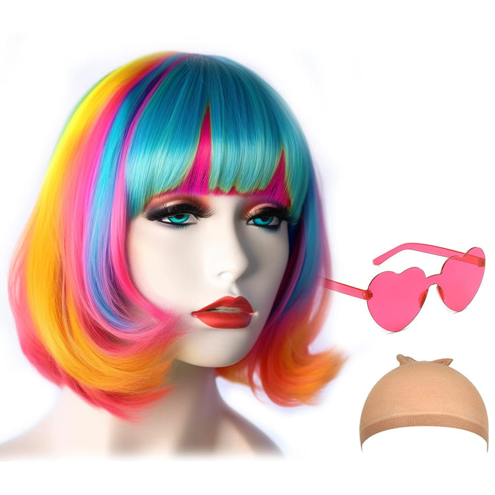 Short Bob Hair Wigs Straight with Flat Bangs Synthetic Colorful Cosplay Daily Party Neon Wig for Women + Free Wig Cap 14" Natural as Real