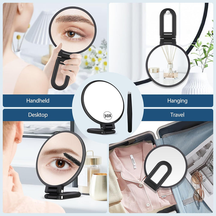 30X Magnifying Mirror, Hand Mirror with Handle, Double Sided Hand Mirror with 30X/1X Magnification, Travel Essential Portable Foldable Makeup Mirror for Precision Makeup Black