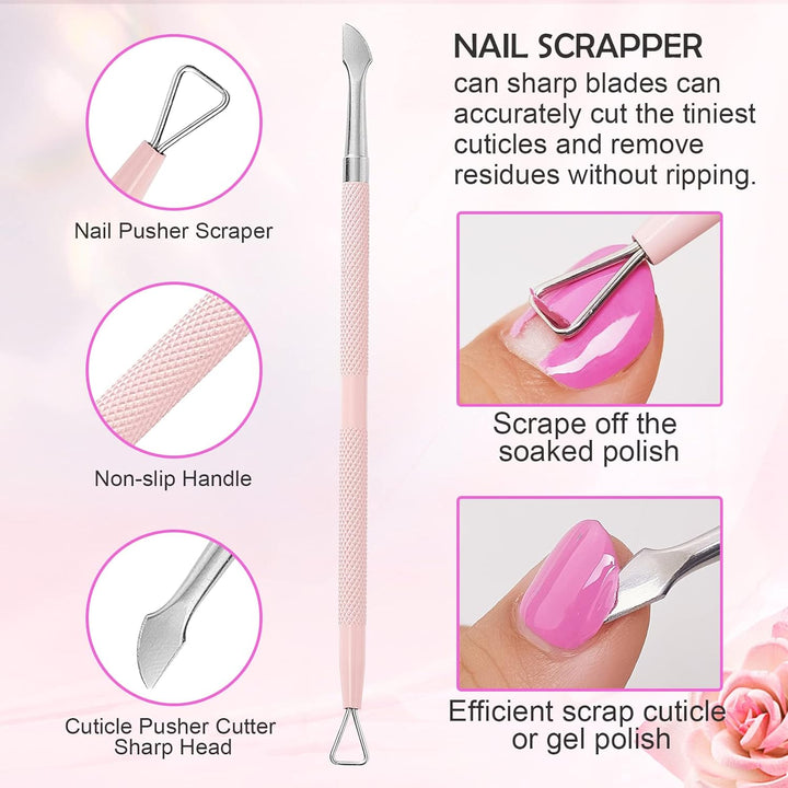 Cuticle Trimmer with Cuticle Pusher, 3 PCS Pink Nail Cuticle Nipper Professional Pedicure Manicure Tools with Stainless Steel Dual End Pusher, Nail Scraper