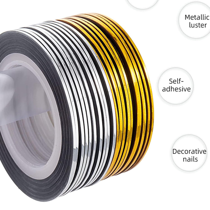 20 Pcs Glitter Gold Silver Nail Art Striping Tape Line Shiny Matte Nail Art Decoration Strips Self Adhesive Decals Strips DIY Nail 3D Tips Manicure Tools Nail Tape Rolls (1Mm)