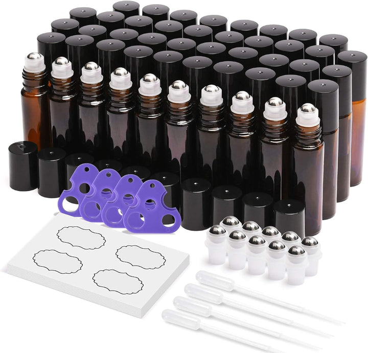 48-Pack Essential Oil Roller Bottles 10Ml, Empty Bottles with Stainless Steel Roller Balls and Waterproof Labels, Amber Roller Balls for Essential Oils