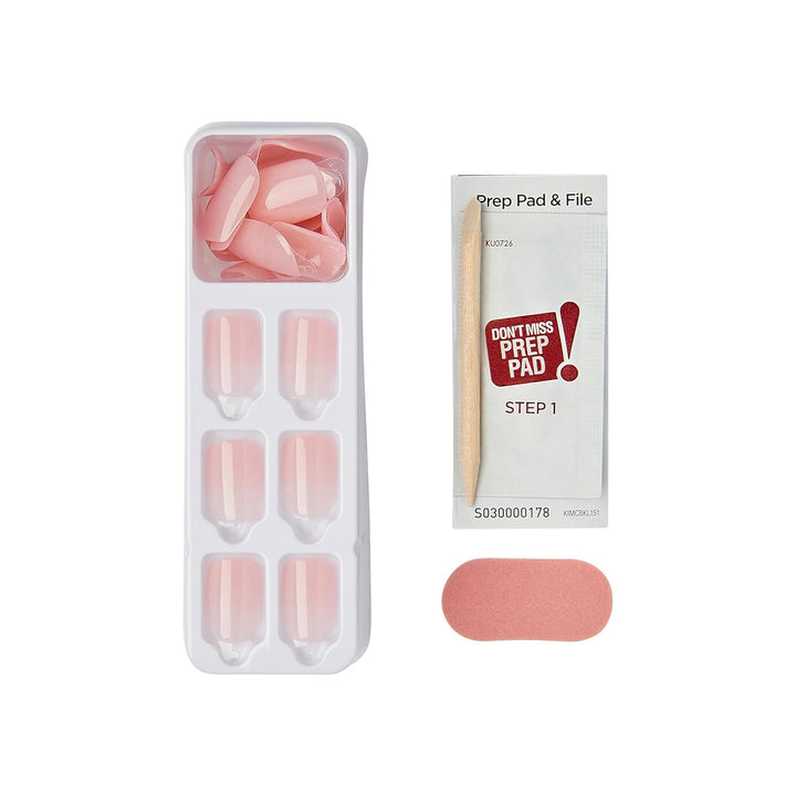 KISS  No Glue Mani Press on Nails, 'Instinct', Light Pink, Short Size, Squoval Shape, Includes 30 Nails, Prep Pad, Instructions Sheet, 1 Manicure Stick, 1 Mini File