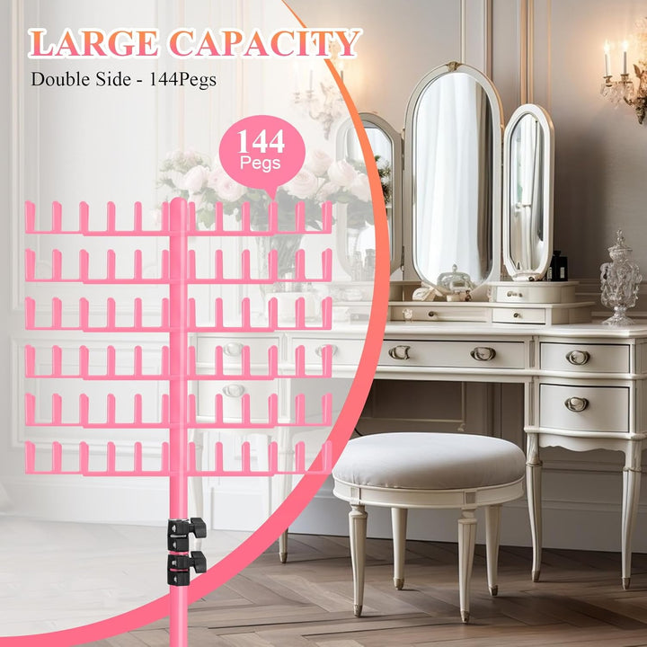 Braiding Hair Rack Height Adjustable 144 Pegs Braiding Rack Hair Extension Holder with Hair Braid Tools, Easy to Assemble (Pink)