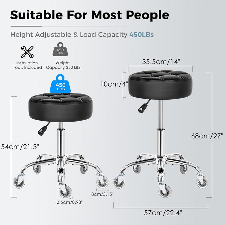 Rolling Stool with Wheels, Adjustable Stool Heavy Duty 450Lb, 360° Swive Rolling Chair for Massage Spa Medical Tattoo, PU Thick Seat Padding Salon Chair(Black) BYD01B