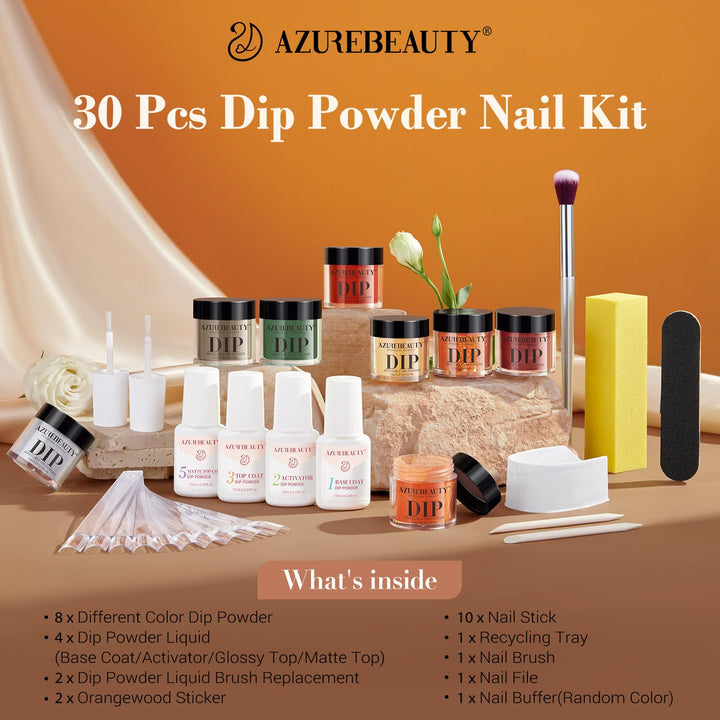 Dip Nails Powder Starter Kit, Maple Grey Sage Green Dark 8 Colors Set with Nail Sticks, Fall Nail Art Base Glossy/Matte Top Coat Activator Essential Liquid Manicure DIY Salon 30 PCS