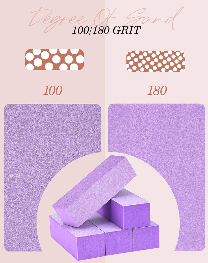 Nail Buffer Block, Medium/Fine Grit 100/180 Finishing Buffers for Acrylic Nails Gel Polish Nails, 3 Way Professional Pedicure Manicure Buffer Kits, 5 Count (Purple)