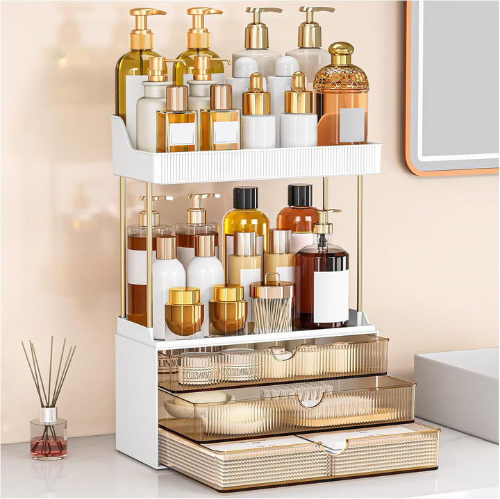 5 Tiers Bathroom Counter Organizer - 3 Drawers Makeup Organizer, Cosmetic Storage Drawer for Dresser Countertop and Bathroom Vanity for Large Skincare, Perfume, Clear