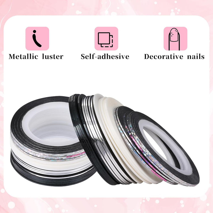 Glitter Nail Tape, 20 PCS Nail Tape for Nail Art Nail Striping Tapes Silver Gold Nail Stickers Self Adhesive Gold Nail Art Line Pinstripe Tapes Decoration Strips for DIY Design Nail Tools (1Mm)