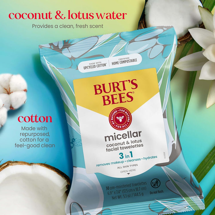 Stocking Stuffers, Coconut & Lotus Face Wipes, for All Skin Types, Micellar Makeup Remover & Facial Cleansing Towelettes, Skin Care Christmas Gifts, 30 Ct. (3-Pack)