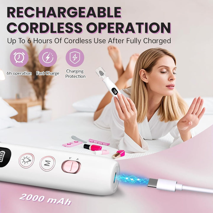 Electric Nail Drill, Cordless 2000 Mah Rechargeable Portable Nail File 12 in 1 Kit for Thick Toenails, 10 Speeds Nail Dril Machine Professional Manicure Pedicure for Hand Natural Nails Care (White)