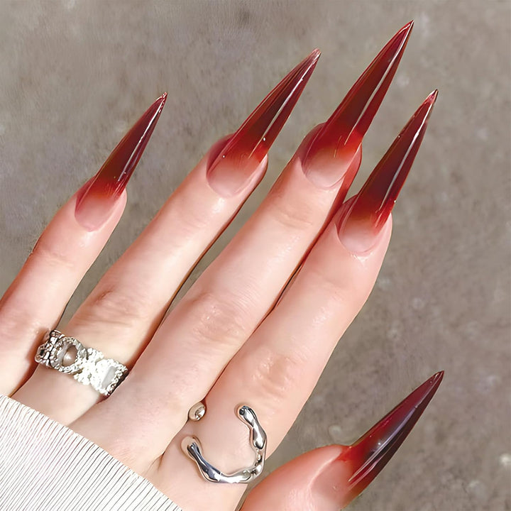Stiletto Press on Nails Extra Long Fake Nails with Glue Glossy False Nails with Black Gradient Designs Full Cover Almond Acrylic Nail 24Pcs