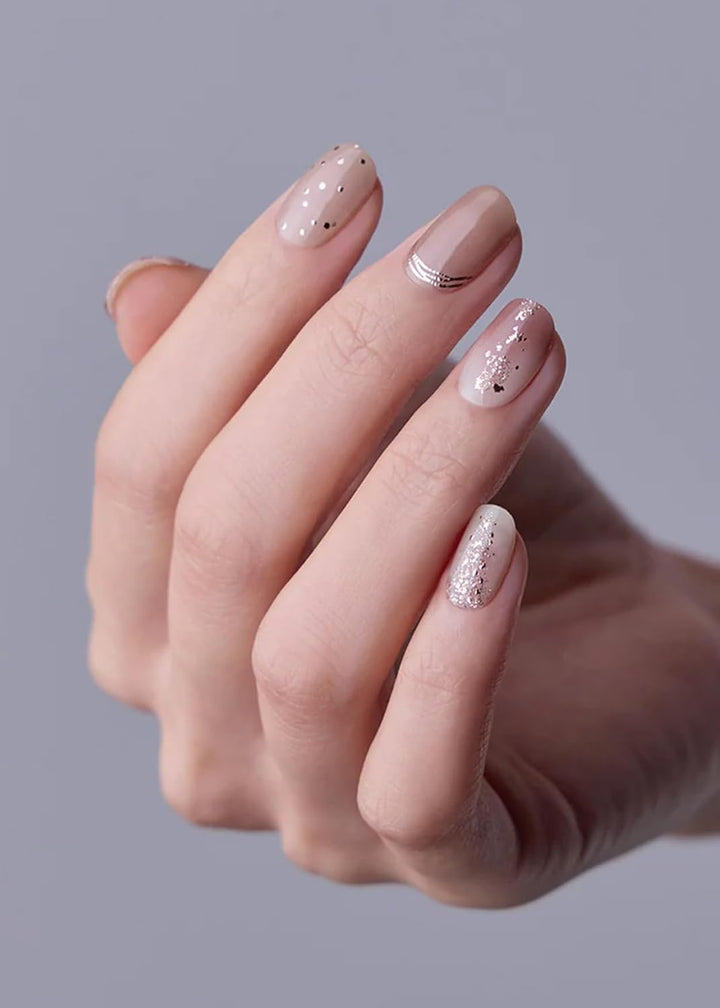 Semi Cured Gel Nail Strips (N Dreaming Glow) - Nude, Glitter, Works with Any UV/LED Lamps, Salon-Quality, Long Lasting, Easy to Apply & Remove - Includes 2 Prep Pads, Nail File & Wooden Stick