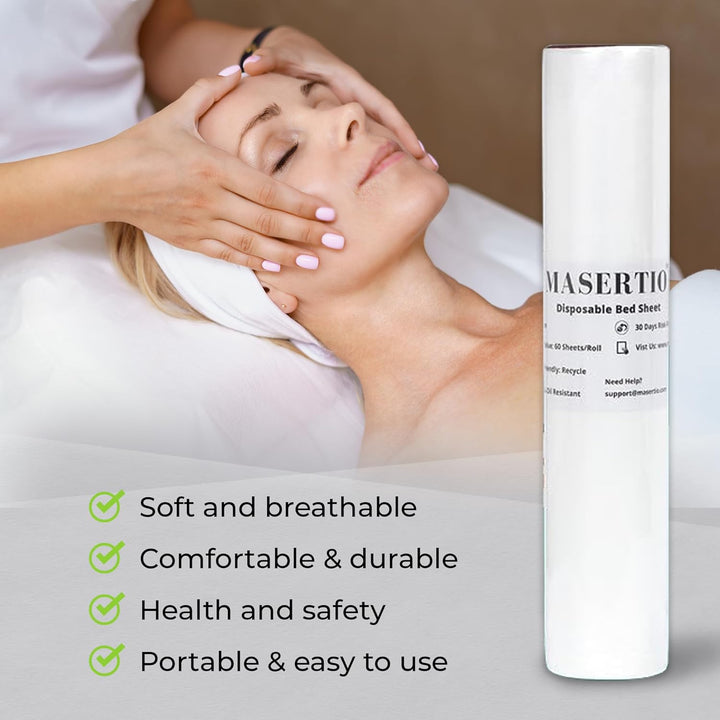Disposable Massage Bed Cover - 60 Sheets per Roll, Non-Woven Disposable Material - Ideal for Spa, Massage Table, Tattoo, Waxing Table - No Crinkle Table Sheets - 31.5 X 71 Inches (1 Roll)