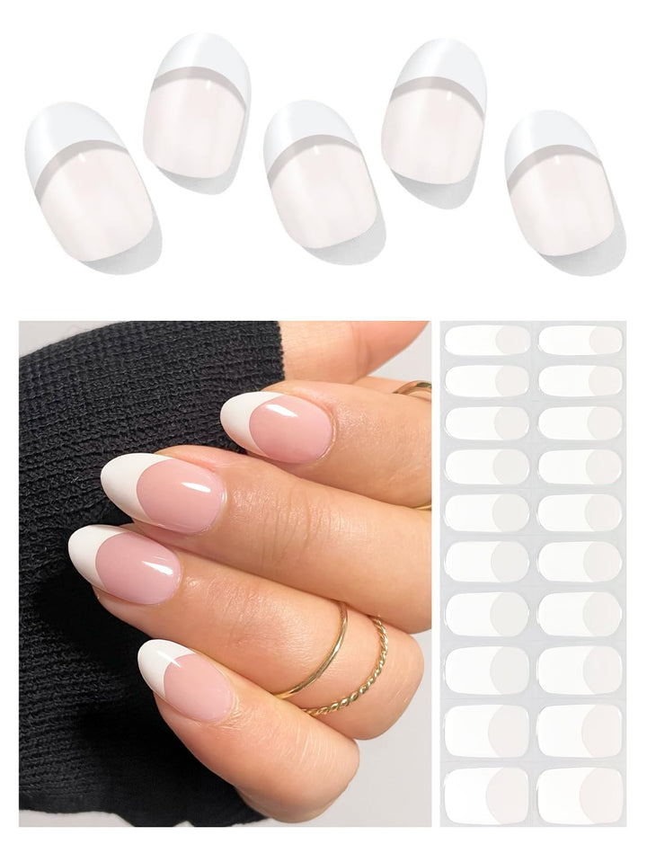 Semi Cured Gel Nail Strips (A White French Tip), Clear Base, 20 Pcs Gel Nail Wraps, Stickers, UV Light Required, Salon Quality, Long Lasting