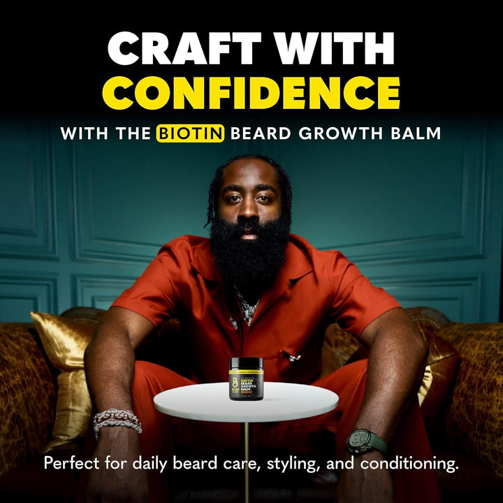 Biotin Beard Balm for Men - Beard Growth Shea Butter with Castor & Coconut Oil - Moisturizing, Hydrating and Softening Cream - Amber Cedar Scent - 4 Oz