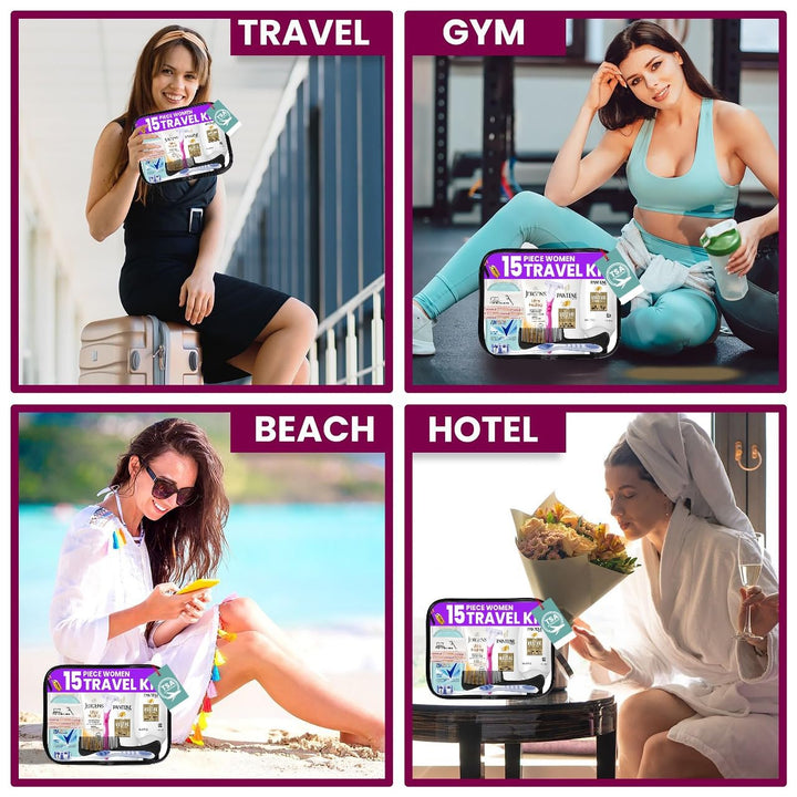 Travel Toiletry Kit for Women – 15 Piece Set of Premium Travel Size Toiletries, TSA Compliant Travel Essentials, Includes Shampoo and Conditioner, Body Wash, Toiletry Bag & More