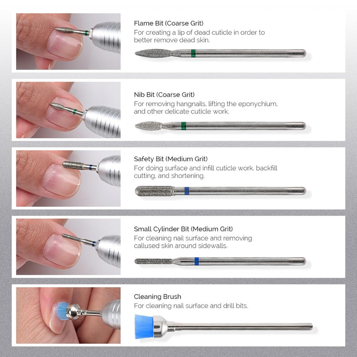 10Pcs Nail Drill Bits Set, 3/32 Inch Diamond Cuticle Nail Bits Kit for Nail Drill E-File, Manicure Pedicure Remover Tools for Acrylic Gel Nails, Salon Home Nail Care Supplies, Silver
