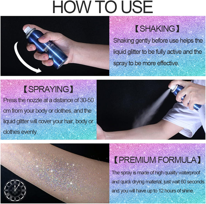 Body Glitter Spray, Temporary Shiny Hairspray for Face, Hair, Clothing, Long Lasting Quick-Drying Shimmer Mist for St. Patrick'S Day, Music Festival Rave, Nightclub Party, Prom, 2Oz