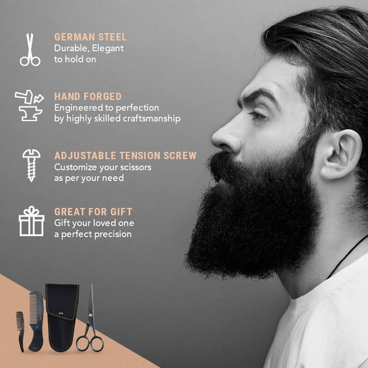 Mustache Scissors for Men - 5-Inch, Black - German High-Carbon Steel Bevel-Edge for Precision - Beard Trimming Scissors - Includes Grooming Kit with Mustache & Beard Combs & Carrying Pouch